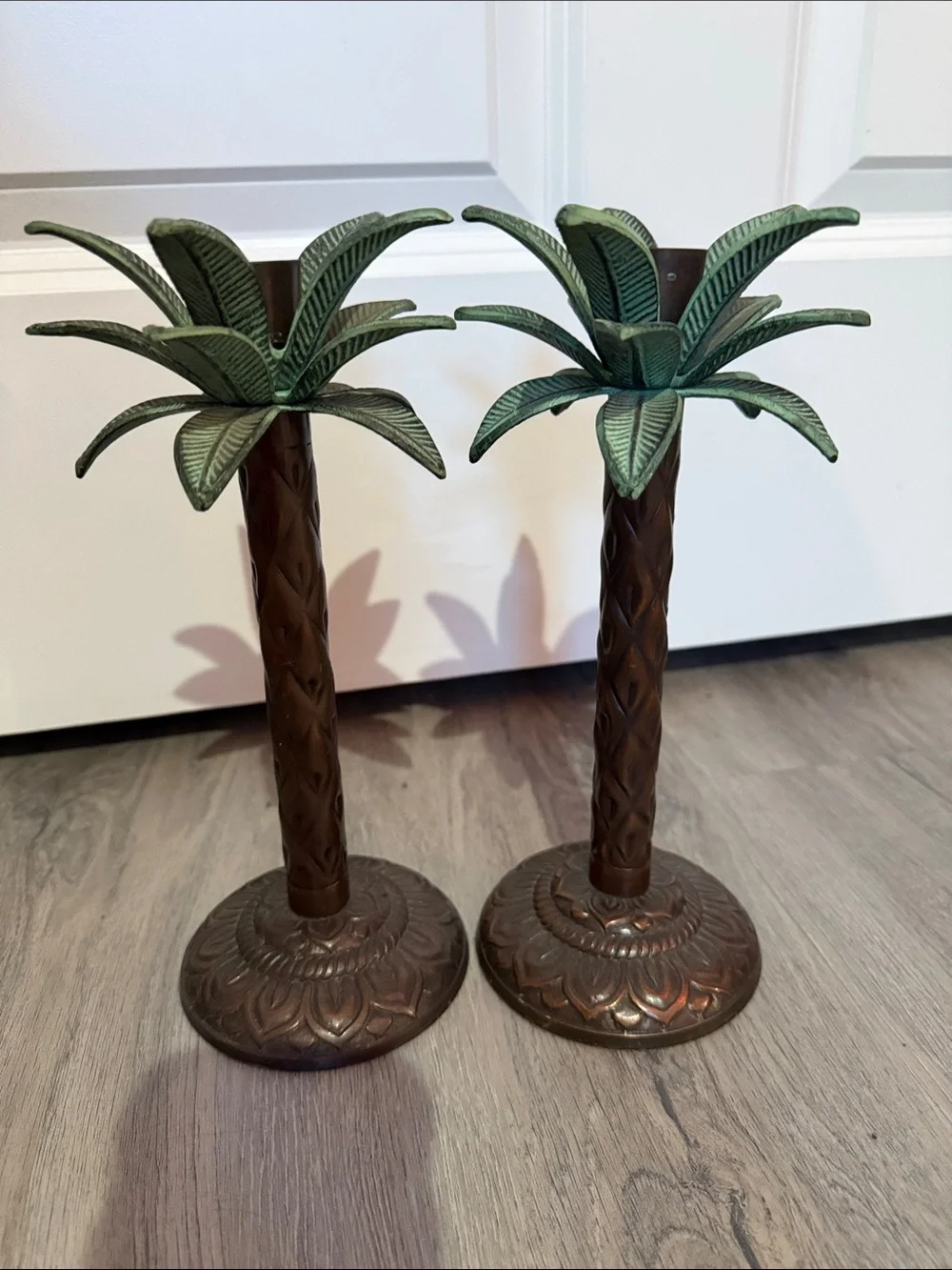 Vintage Pair Metal Palm Tree Candlestick Holders | Hollywood Regency Tiki 💕